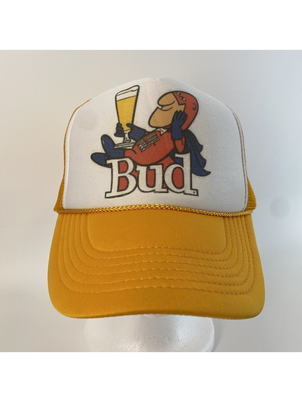 VTG BUD MAN Beer Trucker Hat 70s 80s Yellow Rope Mesh Back Hat Nissun